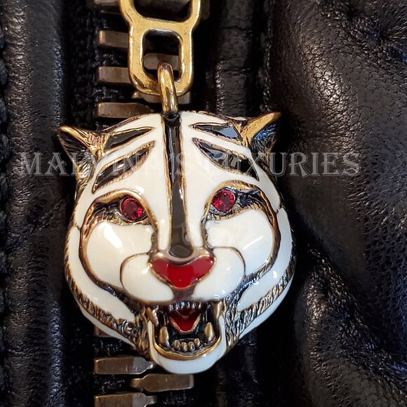 GUCCI JACKET QUILTED BLACK LEATHER BOMBER TIGER CHARM PULL sz IT 38 US 2 - Picture 11 of 15